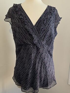 Alfani Black, Gray and Purple Striped Ruffle V-Neck Blouse